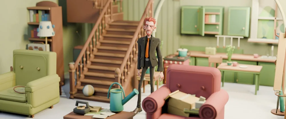 Red-haired character in a dark suit standing in a pastel living room