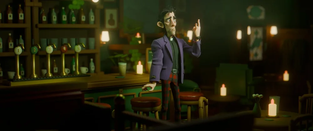 Character in a purple jacket raising a hand in a candlelit pub